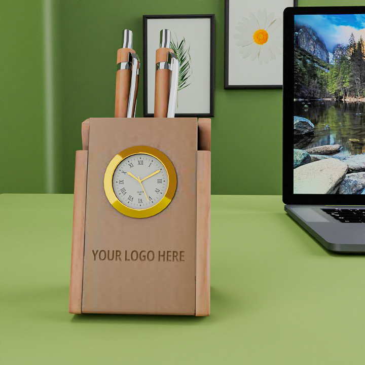 Wooden Pen Stand with Clock