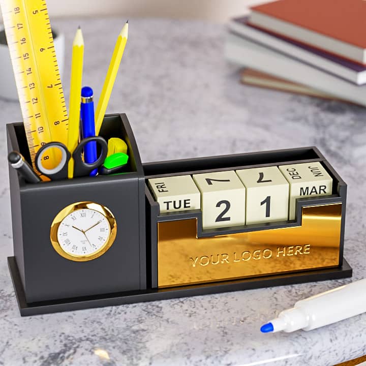 Gold Plated Mobile & Stationary Holder with Clock & Calendar