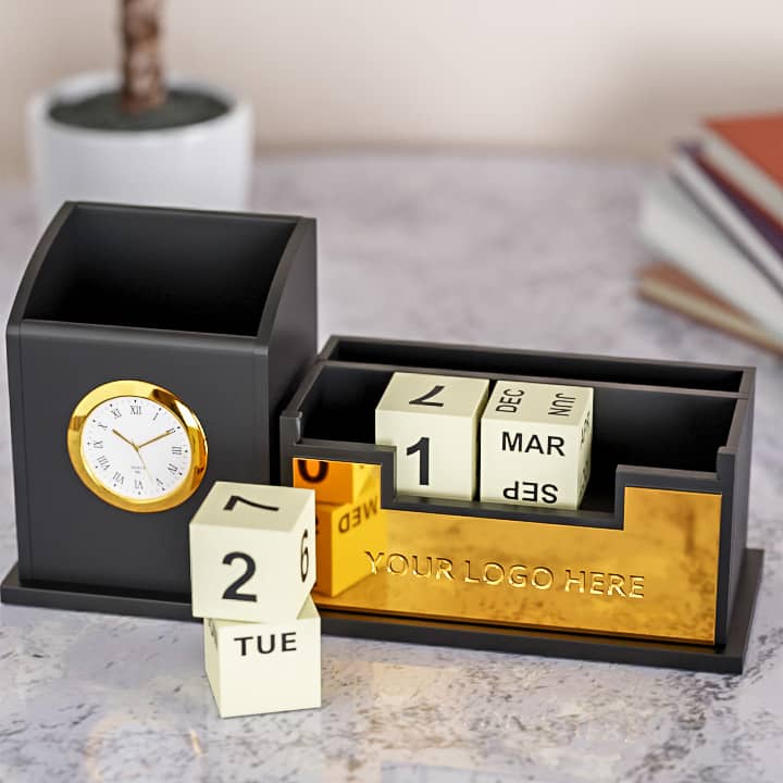 Gold Plated Mobile & Stationary Holder with Clock & Calendar