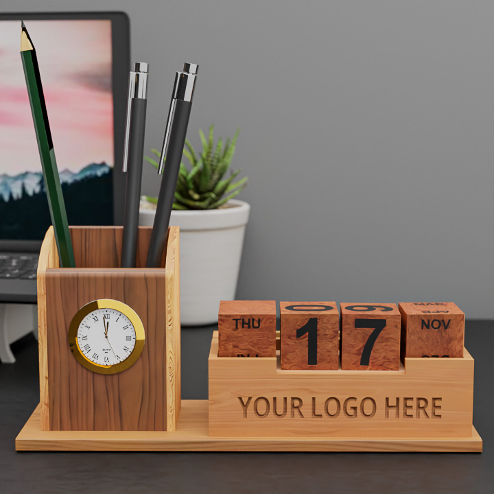 Wooden Mobile & Stationary Holder with Analog clock & Calendar