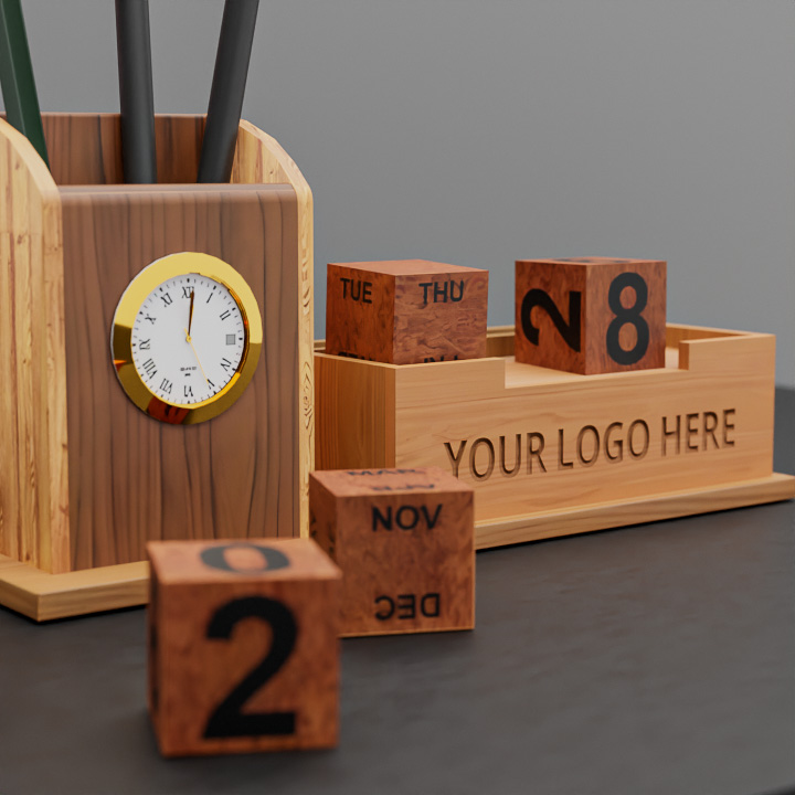 Wooden Mobile & Stationary Holder with Analog clock & Calendar