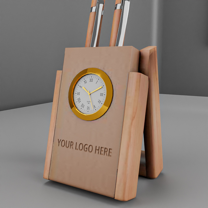 Wooden Pen Stand with Clock