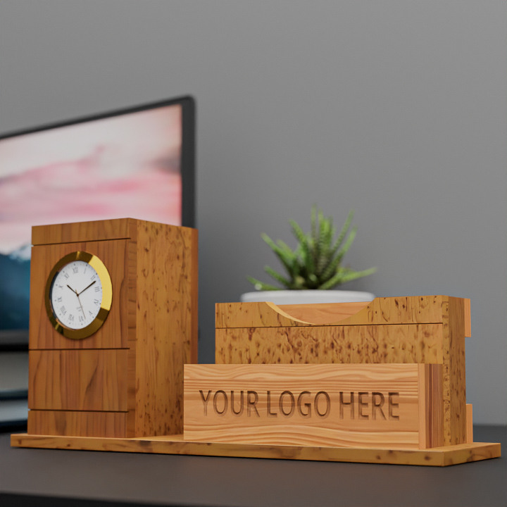 Wooden Phone & Card Holder with Pen Stand & Clock