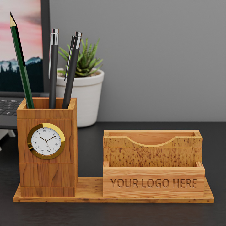 Wooden Phone & Card Holder with Pen Stand & Clock