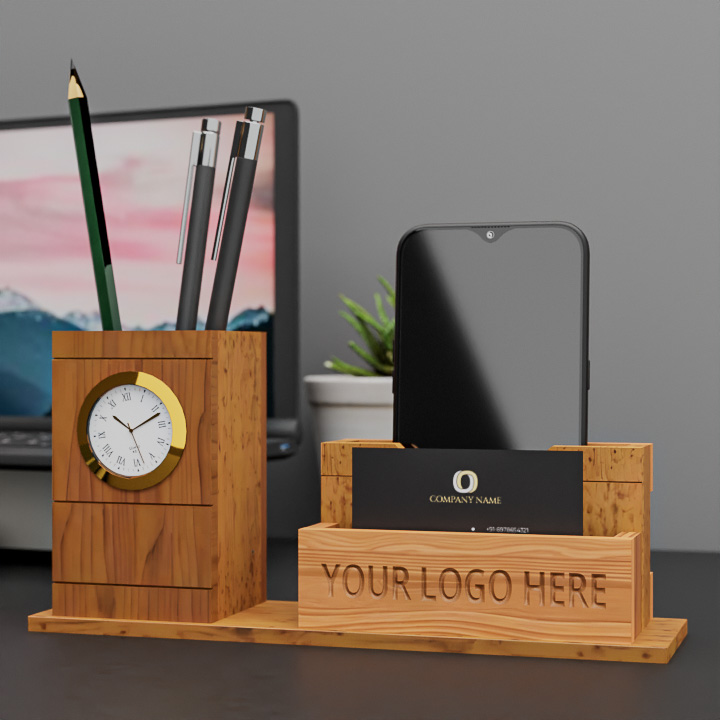 Wooden Phone & Card Holder with Pen Stand & Clock