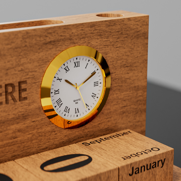 Wooden Phone & Pen Holder With Calendar & Clock