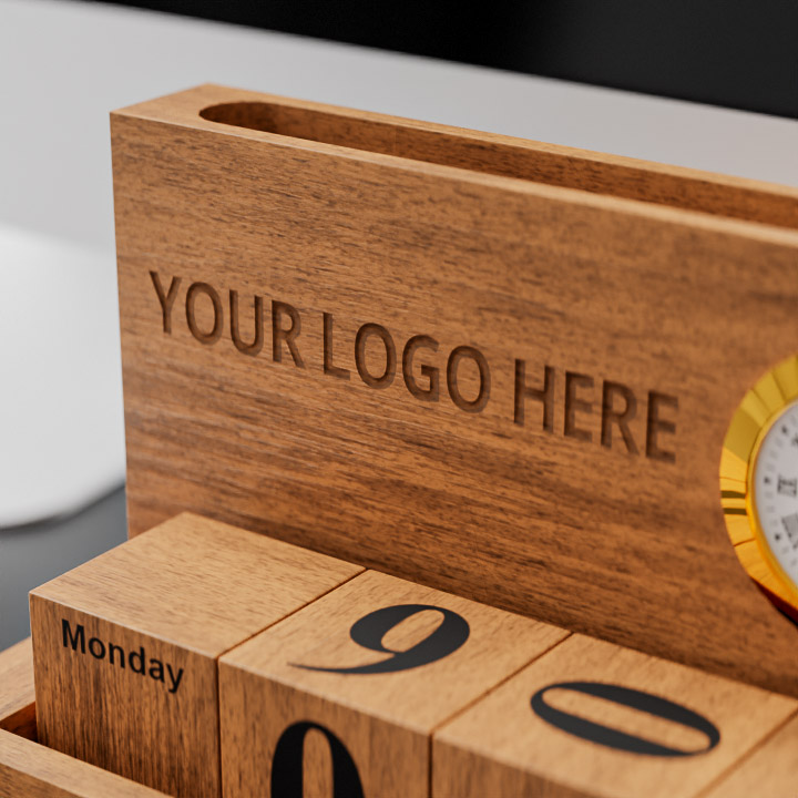 Wooden Phone & Pen Holder With Calendar & Clock